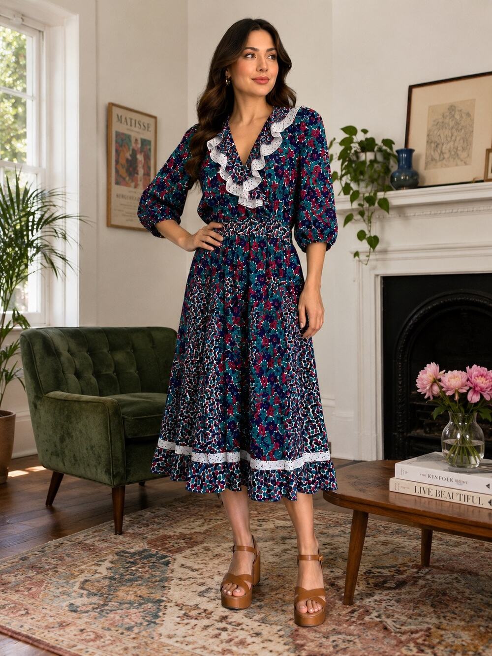 VTG 80s Madea Church Dress Size 10 Floral Prairie Ruffle Collar Boho Cottagecore